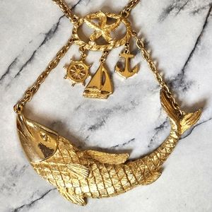 Nautical Fish Sailboat Gold Necklace Anchor Steering Wheel